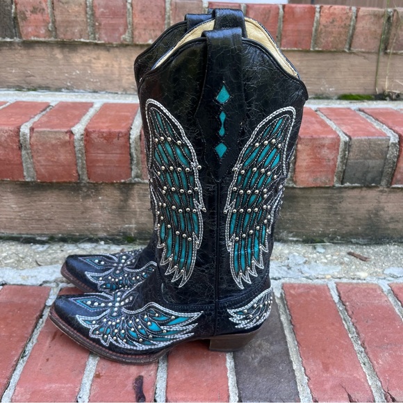 Corral Vintage Leather Black & Teal Bedazzled Angel Wing and Cross Cowboy Boots - Picture 3 of 10